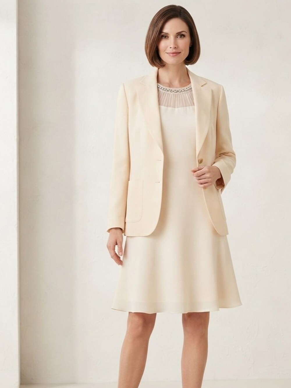 "Polished Ivory" Evan Picone Cream Silk Blazer Jacket & Dress Set 4P